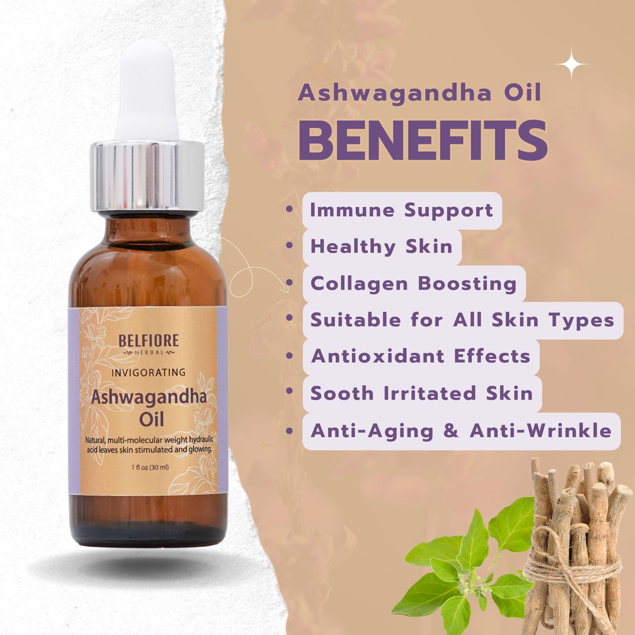 Belfiore Herbal Belfiore Herbal Ashwagandha 100% Pure Natural Organic Oil, Immune Support, Healthy Skin, Collagen Boosting Anti Wrinkle, Vegan non-GMO, 1 ounce