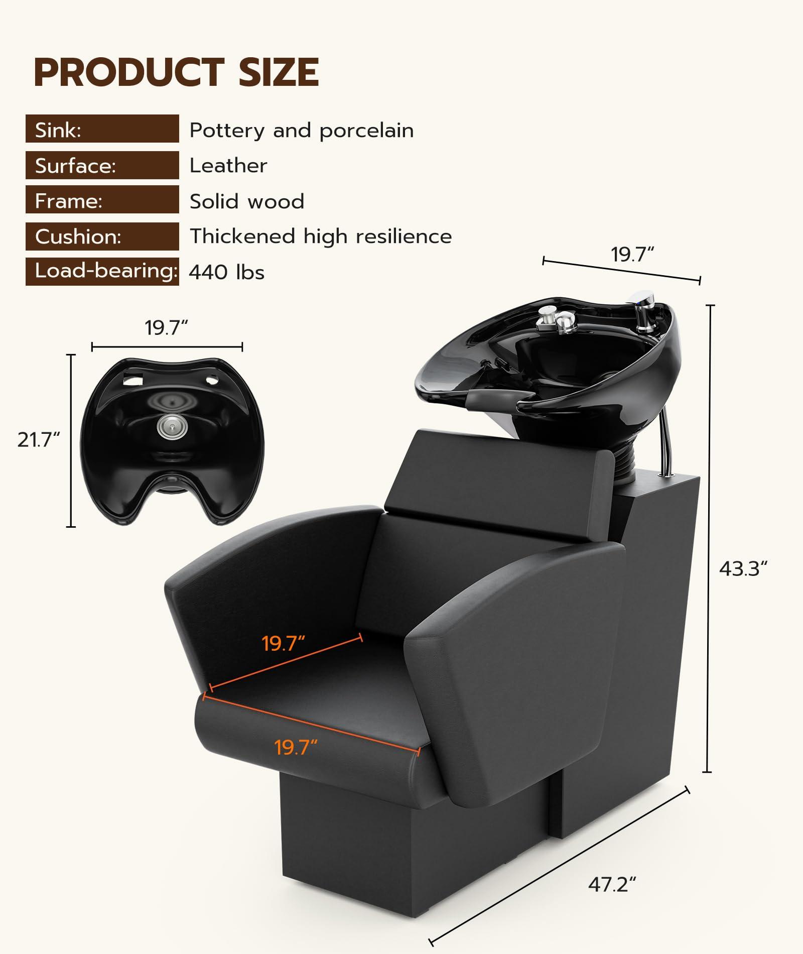 Icoget Icoget Shampoo Bowl and Chair Set for Salon, Deep Porcelain Tilting Salon Sinks for Hair Stylist, Backwash Shampoo Stations for Barber,Home, Black