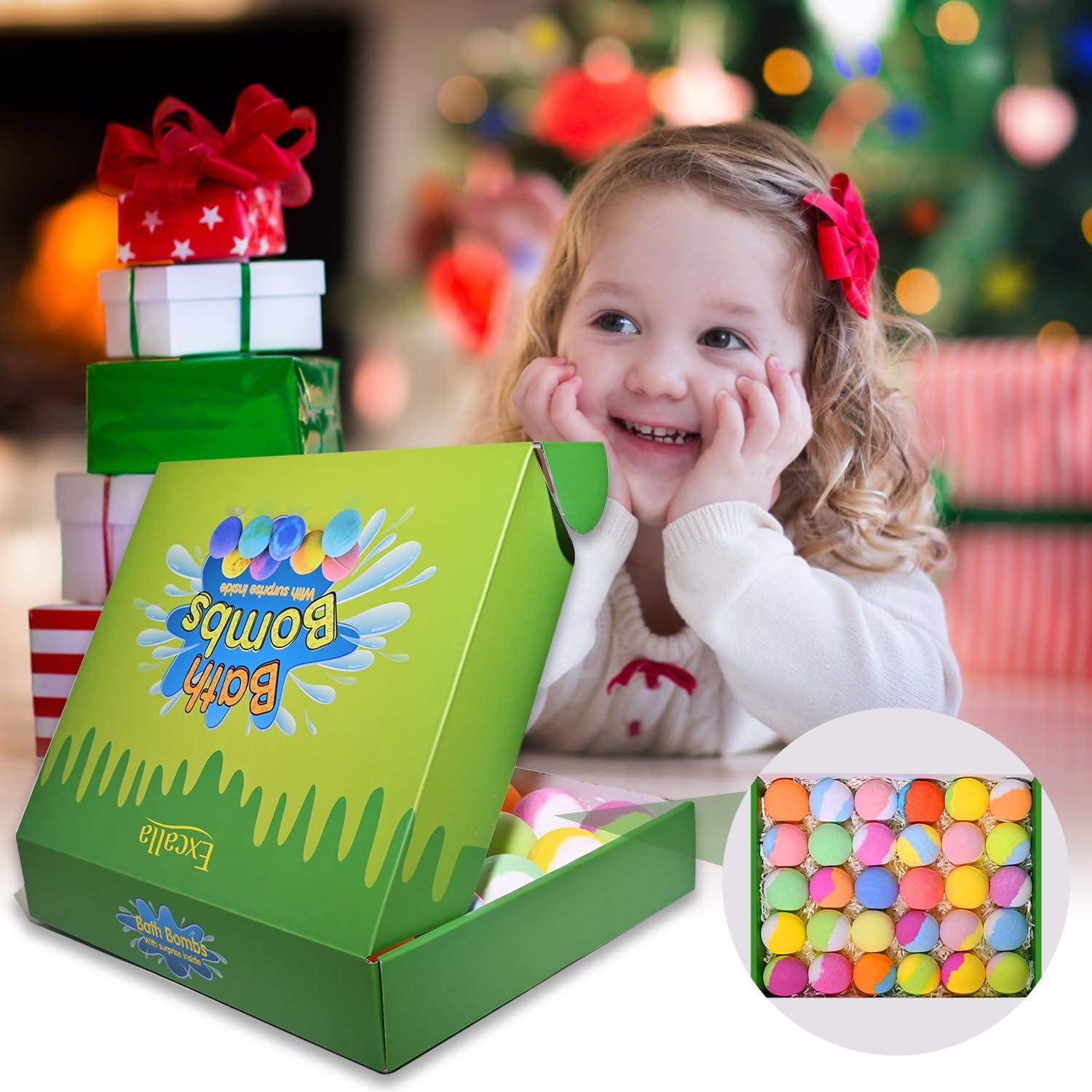 Excalla Bath Bombs for Kids with Toys Inside for Girls Boys - 30 Pack Bath Bombs Gift Set with Surprise, Kids Safe Bubble Bath Fizzy Balls Halloween Christmas Birthday Gift Kit