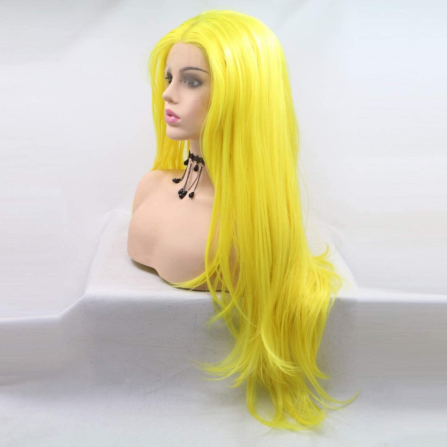 xiweiya xiweiya Long Bright Yellow Lace Front Wigg Body Wave Synthetic Yellow Wigs Middle Part Glueless Natural Looking Lace Front Wigs Heat Resistant Hair for Women 24inch