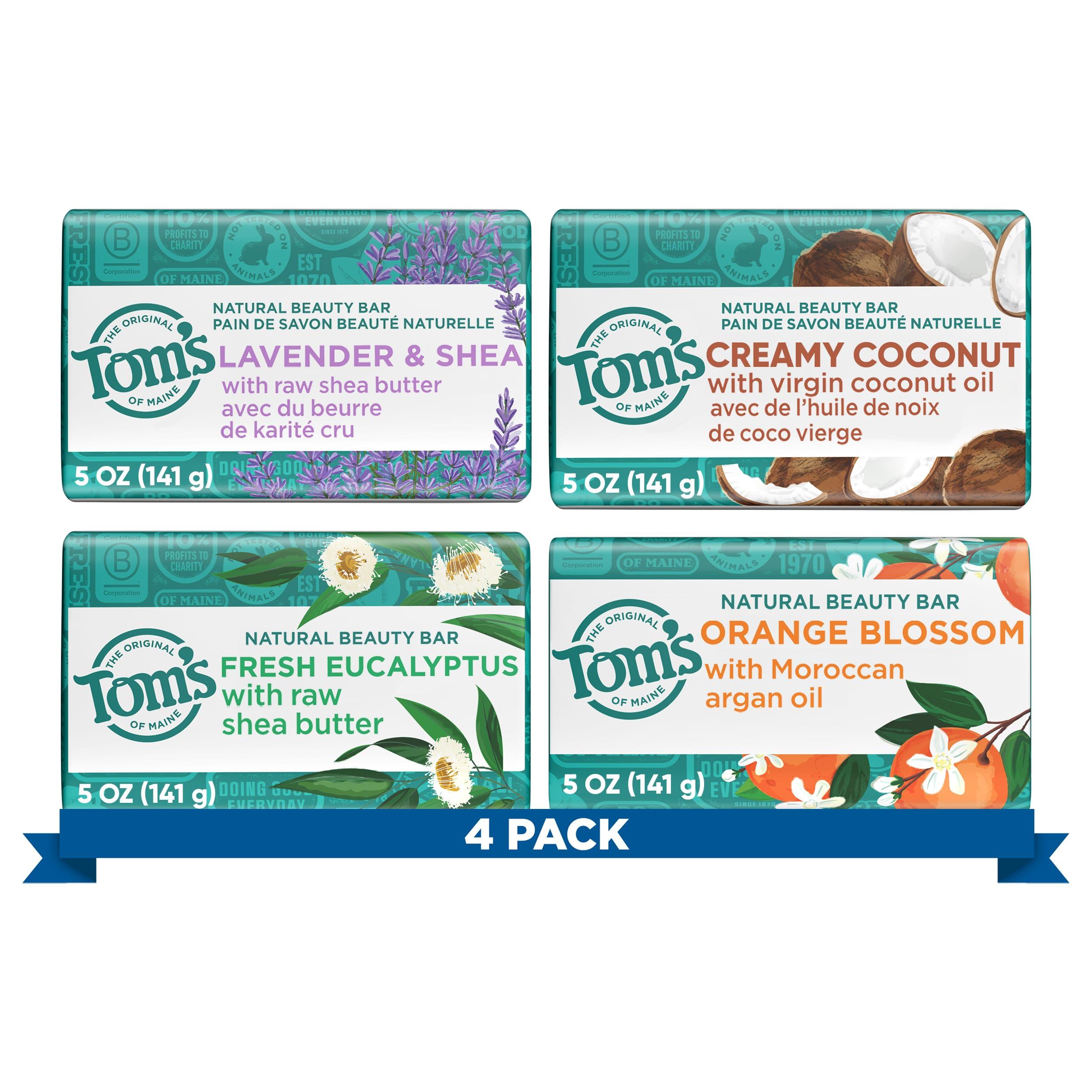 Tom\'s of Maine Tom\'s of Maine Bar Soap Variety Pack, Natural Bar Soap for Women and Men, Lavender & Shea, Fresh Eucalyptus, Creamy Coconut, Orange Blossom, 5 oz Bars (4-Pack)