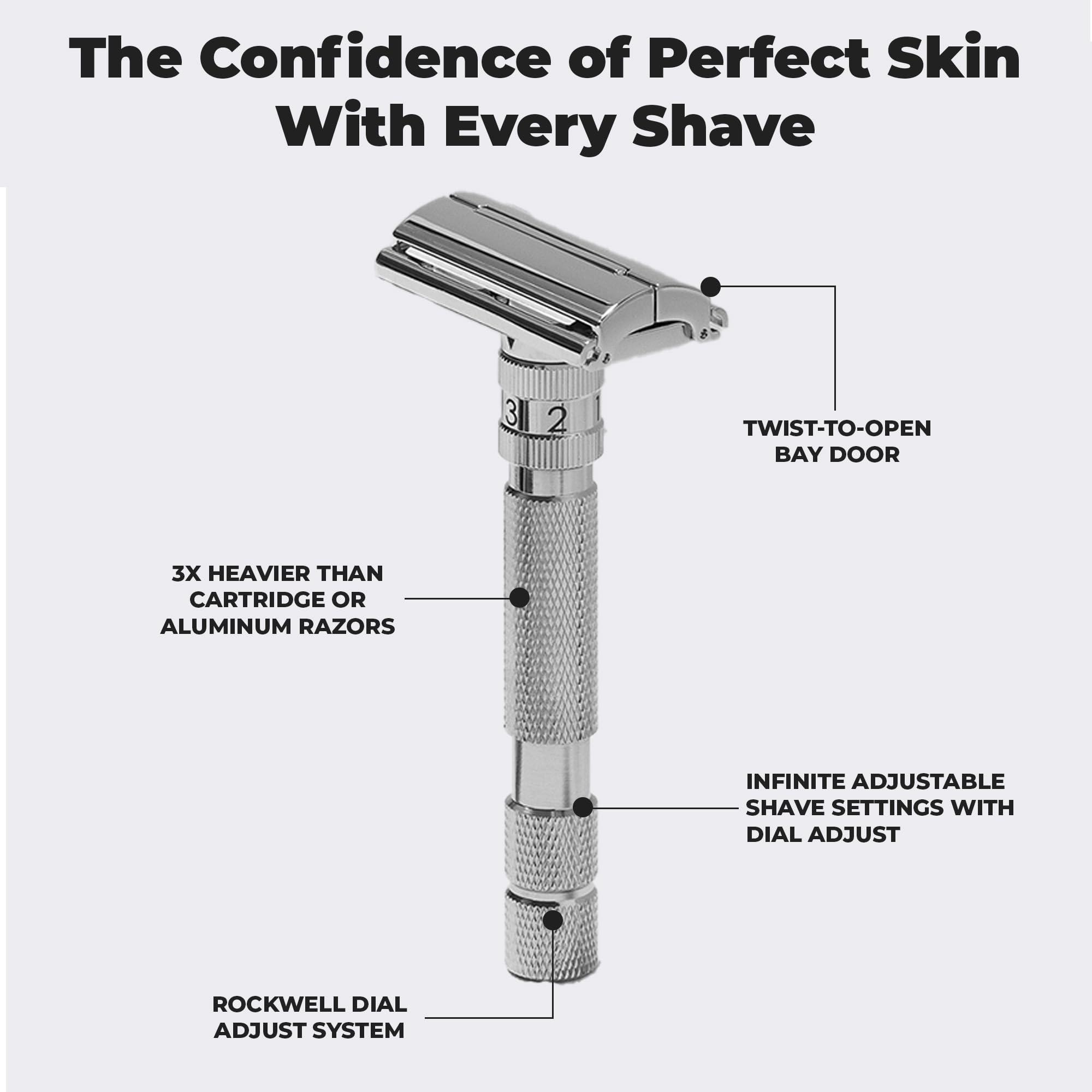 ROCKWELL RAZORS Rockwell Razors T2 | Twist-To-Open (TTO) Double-Edge Safety Razor | Full Metal | Includes 5 Fully Recyclable Stainless Steel Blades (White Chrome)