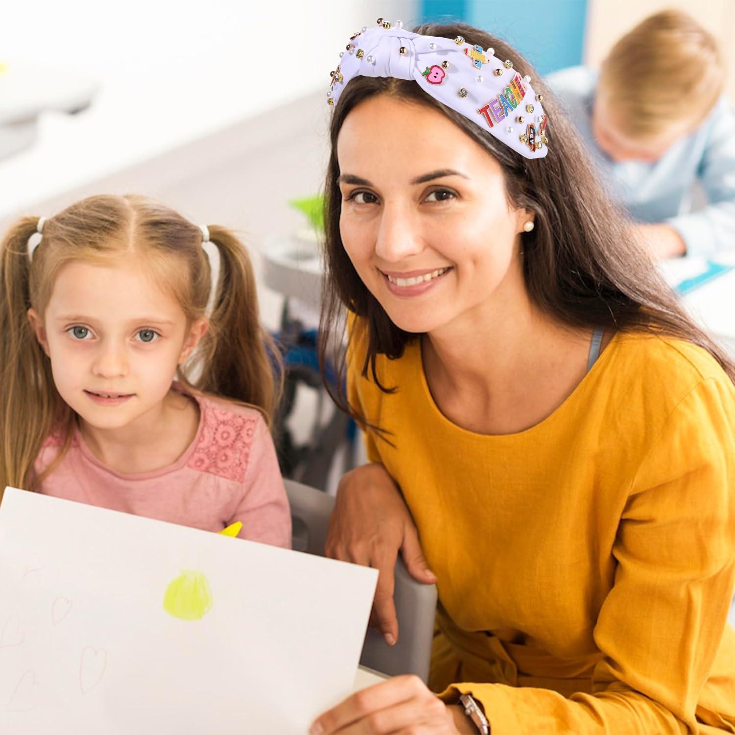 CEALXHENY Teacher Headband, Teacher Accessories, Crystal Pearl Knotted Headband for Women Cute Book Pencil Teach Charms Embellished Jeweled Top Knot Headband, Teacher Appreciation Gifts (Pattern G)