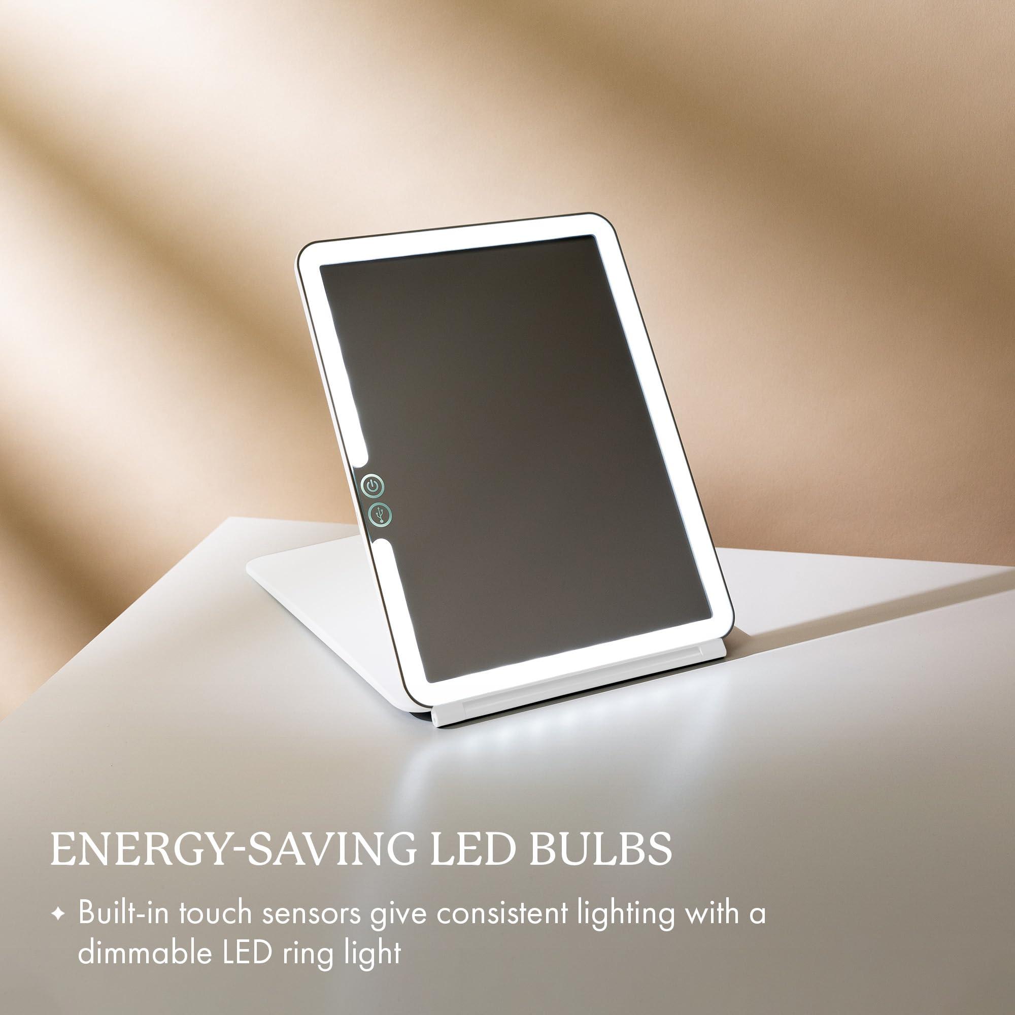 Vanity Planet Vanity Planet Handheld Makeup Mirror with Lights, Pose 2.0 (White) - Light Up Travel LED Mirror with 3X, 5X & 10X Magnification - Dimmable Lighting & Micro-USB Rechargeable Lighted Compact Mirror