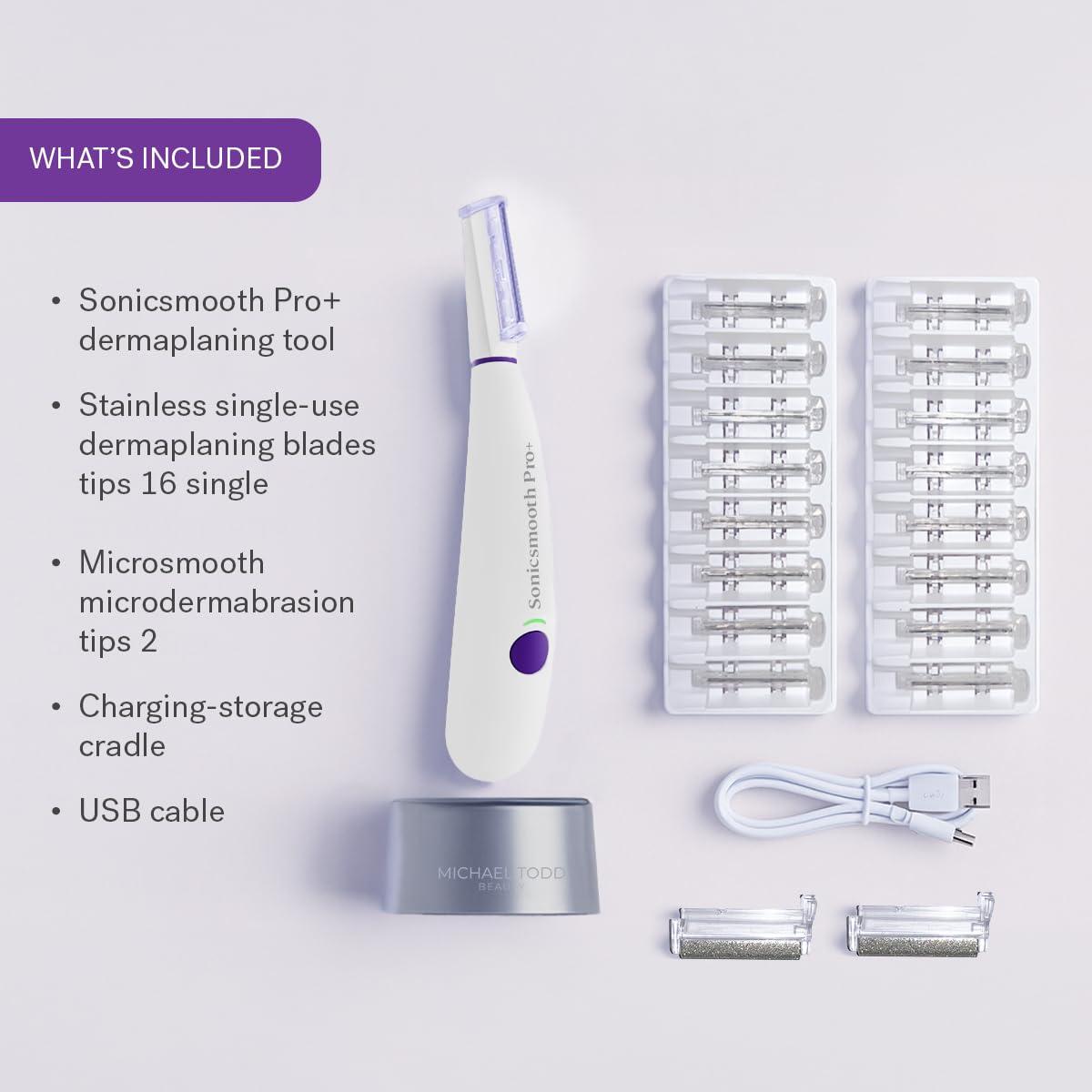 MICHAEL TODD Michael Todd Beauty - Sonicsmooth Pro+ Dermaplaning System with LED Light - 2 in 1 Women\'s Face Exfoliation & Peach Fuzz Hair Remover - 16 Dermaplaning Blades & 2 Microsmooth Microdermabrasion Tips