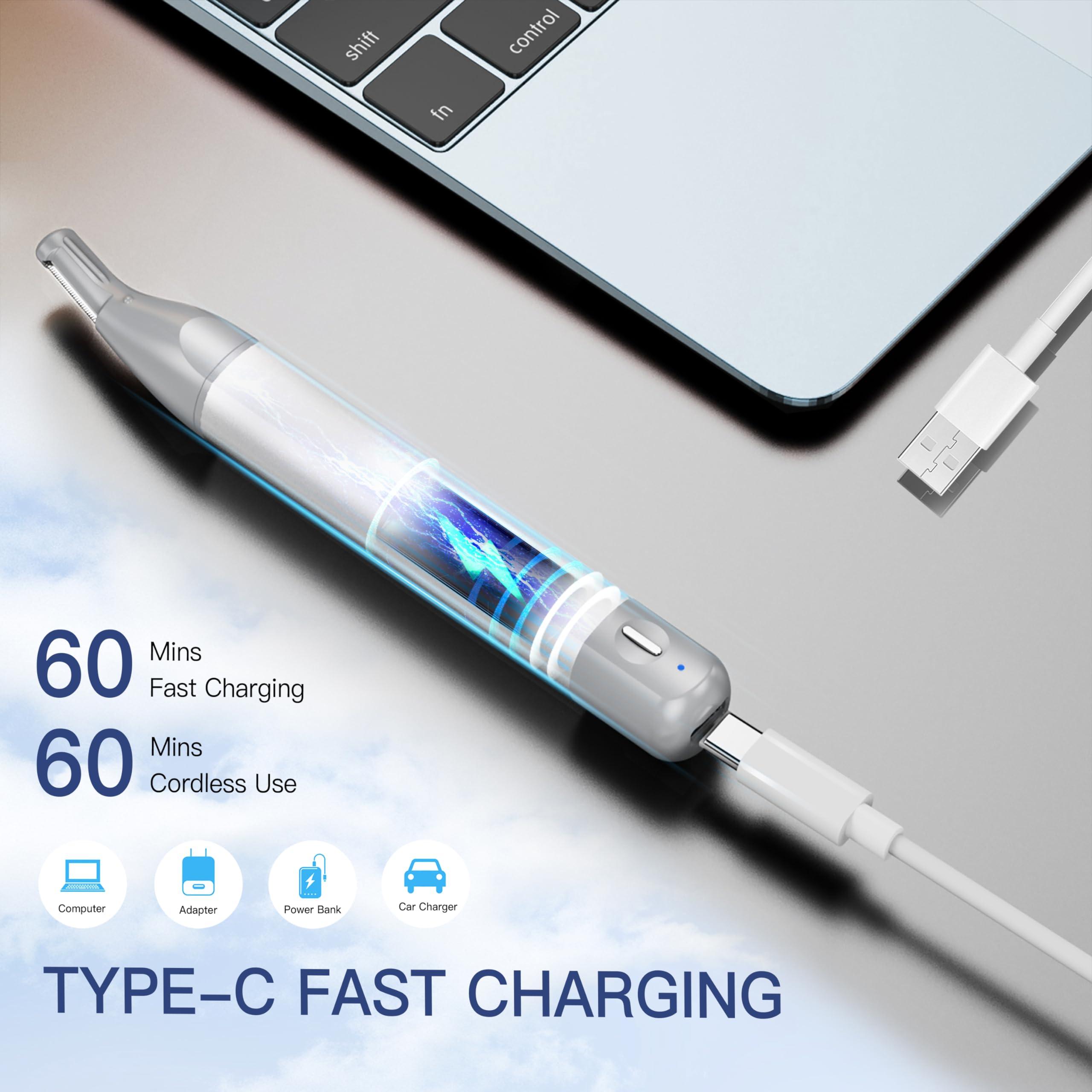 HEBECA HEBECA Nose Hair Trimmer for Women 2in1 Facial Hair Removal Trimmer - Metal Body, Rechargeable, Waterproof, Portable - Nose, Ear, Eyebrow, Peach-Fuzz, Lips, Chin FT2001 (Silver)