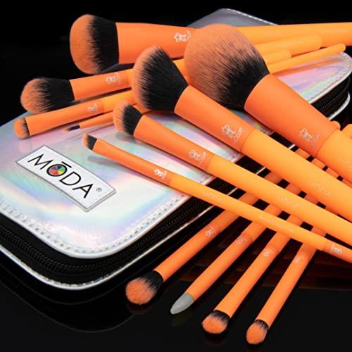 MODA MODA Totally Electric 13pc Full Face Makeup Brush Set, Includes - Powder, Complexion, Blush, Shader, Smudger & Crease Brushes with Zip Case (Neon Orange)