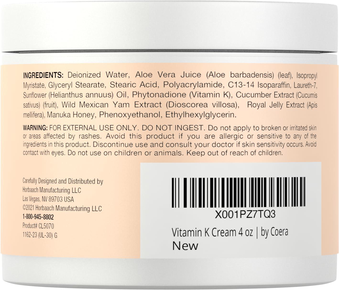 Horbäach Vitamin K Cream 4 oz | Premium Formula for Bruises, Spider Veins, Dark Circles, Broken Capillaries, Eyes, and Face | Paraben and SLS Free