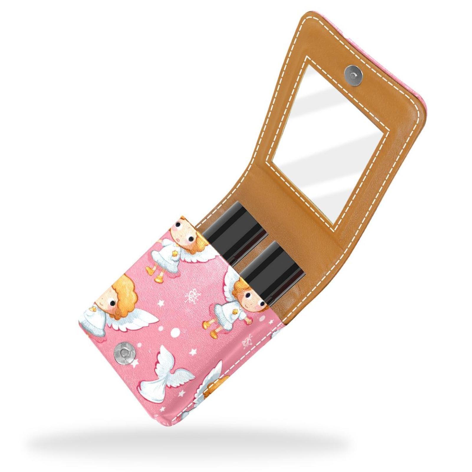 YTYVAGT YTYVAGT Lipstick Case,Leather Lip Gloss Lipstick Organizer with Mirror,Mini Lipstick Holder Bag,Cartoon Angel on Pink Background