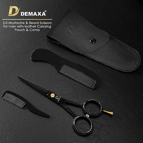 DEMAXA DEMAXA 5\" Professional Beard Mustache Scissors with 1 Mustache Comb, 1 Beard Comb & Soft Pouch Prefect Beard Trimming Scissors for All Facial Hair Scissors Grooming Scissors Men (Black)