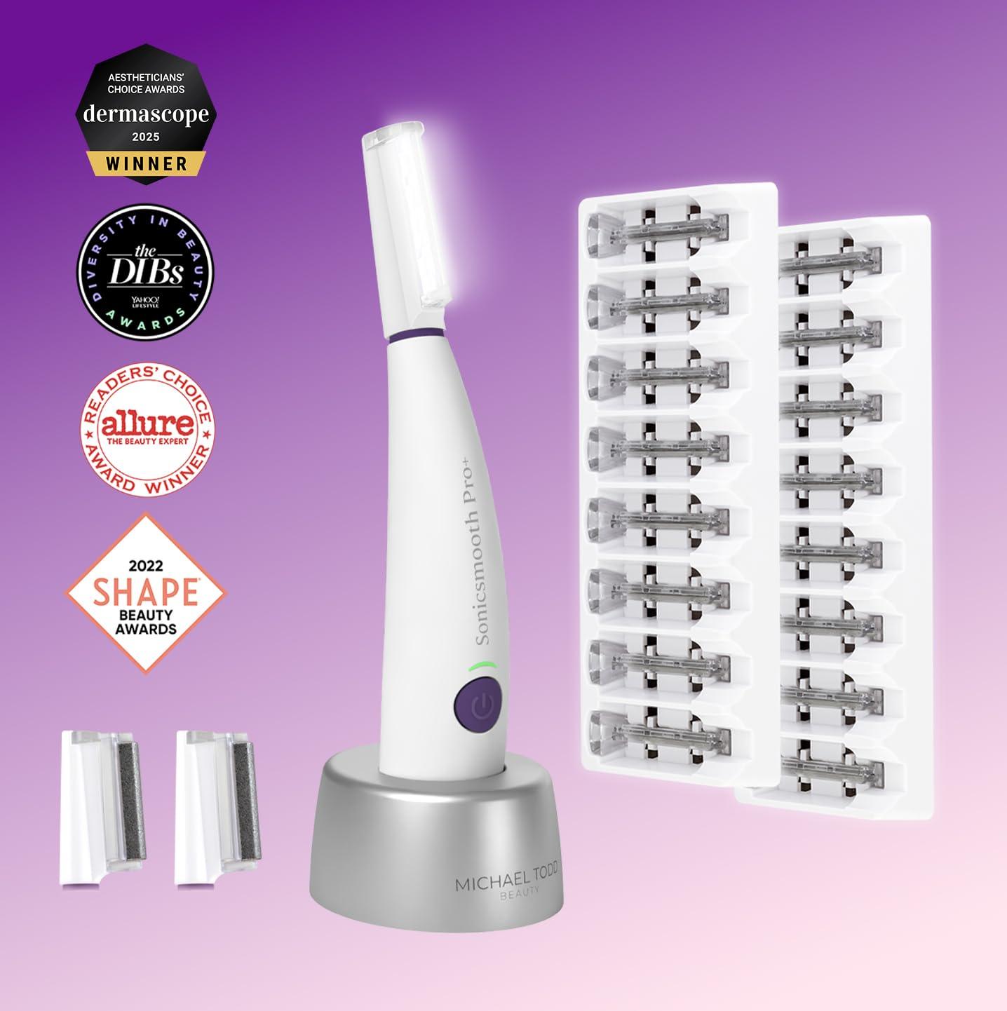 MICHAEL TODD Michael Todd Beauty - Sonicsmooth Pro+ Dermaplaning System with LED Light - 2 in 1 Women\'s Face Exfoliation & Peach Fuzz Hair Remover - 16 Dermaplaning Blades & 2 Microsmooth Microdermabrasion Tips