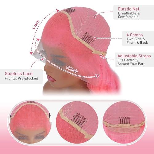 Mscathy Mscathy Pink Body Wave Lace Front Wigs Human Hair Pre Plucked 150 Density Pink Human Hair 134 Lace Front Wigs for Women(26 Inch, Pink)