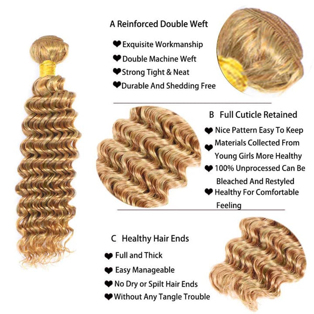 HeioWuio P27/613 Deep Wave Hair Bundles Grade 8A Virgin Hair Weave 3 Bundles For Women Unprocessed Brazilian Remy Hair Bundles Human Hair Bundles 20 22 24 Inch