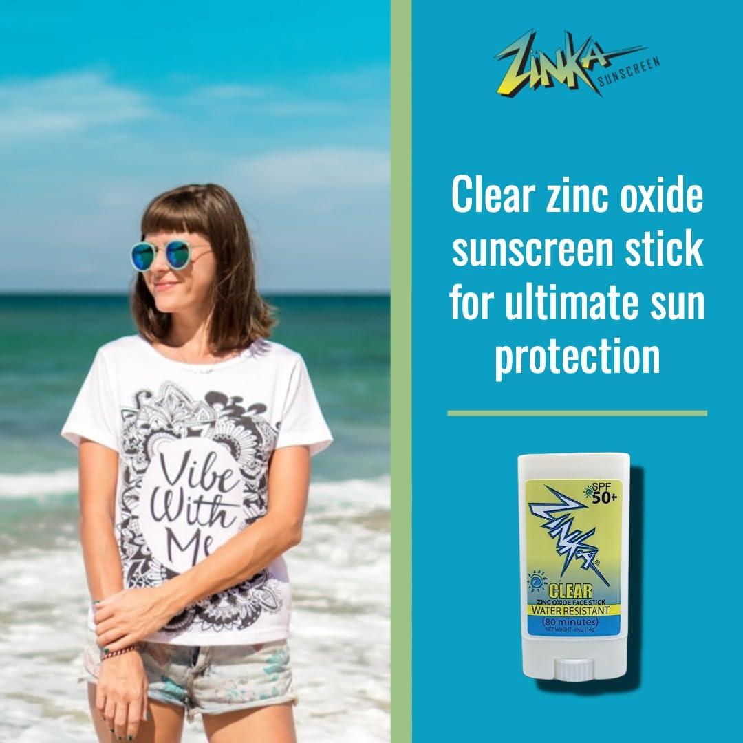 Zinka Zinka - Clear Zinc Oxide Sunscreen Face Stick SPF 50, Water Resistant for 80 Minutes - .49oz Stick