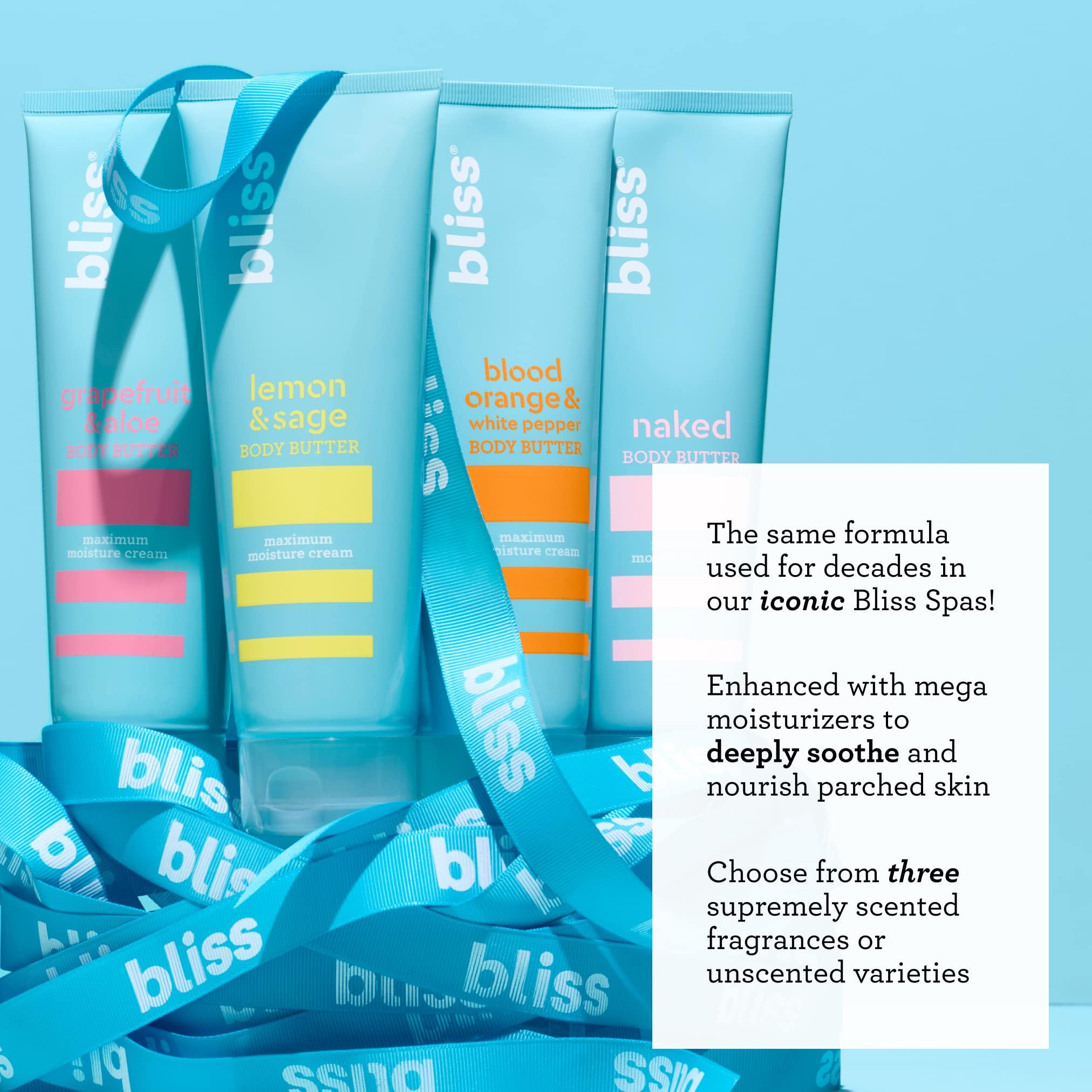 Bliss Bliss Hydrate and Exfoliate Duo Body Butter - Grapefruit and Aloe - Maximum Moisture Cream - 6.7 Fl Oz - Body Lotion for Dry Skin Satin-Skin Body Polish - Lemon and Sage - Body Scrub wit