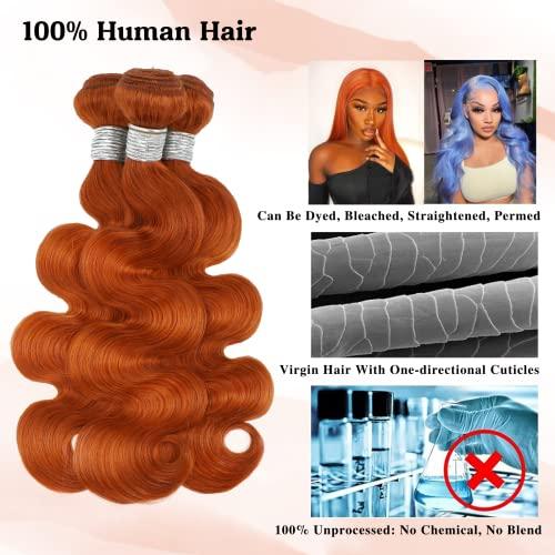 ALHER ALHER Ginger Bundles Human Hair Body Wave Ginger Bundles 350 Bundles Human Hair Sew In Weave Wavy 3 Bundles for Black Women 10A 100% Brazilian Remy Hair Soft Thick Copper Orange Color 10 12 14 Inch