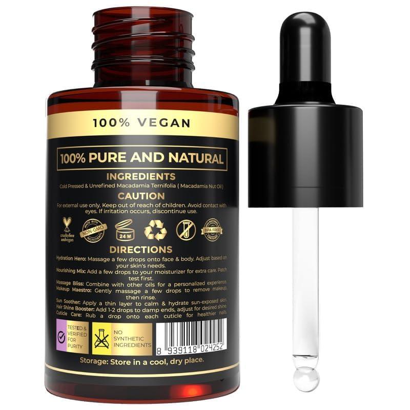 The Organic Forest  VEGAN . PURE . NATURAL Pure & Natural Macadamia Oil for Essential Oil Mixing - Cold-Pressed Carrier Oil for Hair & Skin - Hydrating Macadamia Nut Oil for Hair Health, Macadamia Hair Oil for Skin Moisturization
