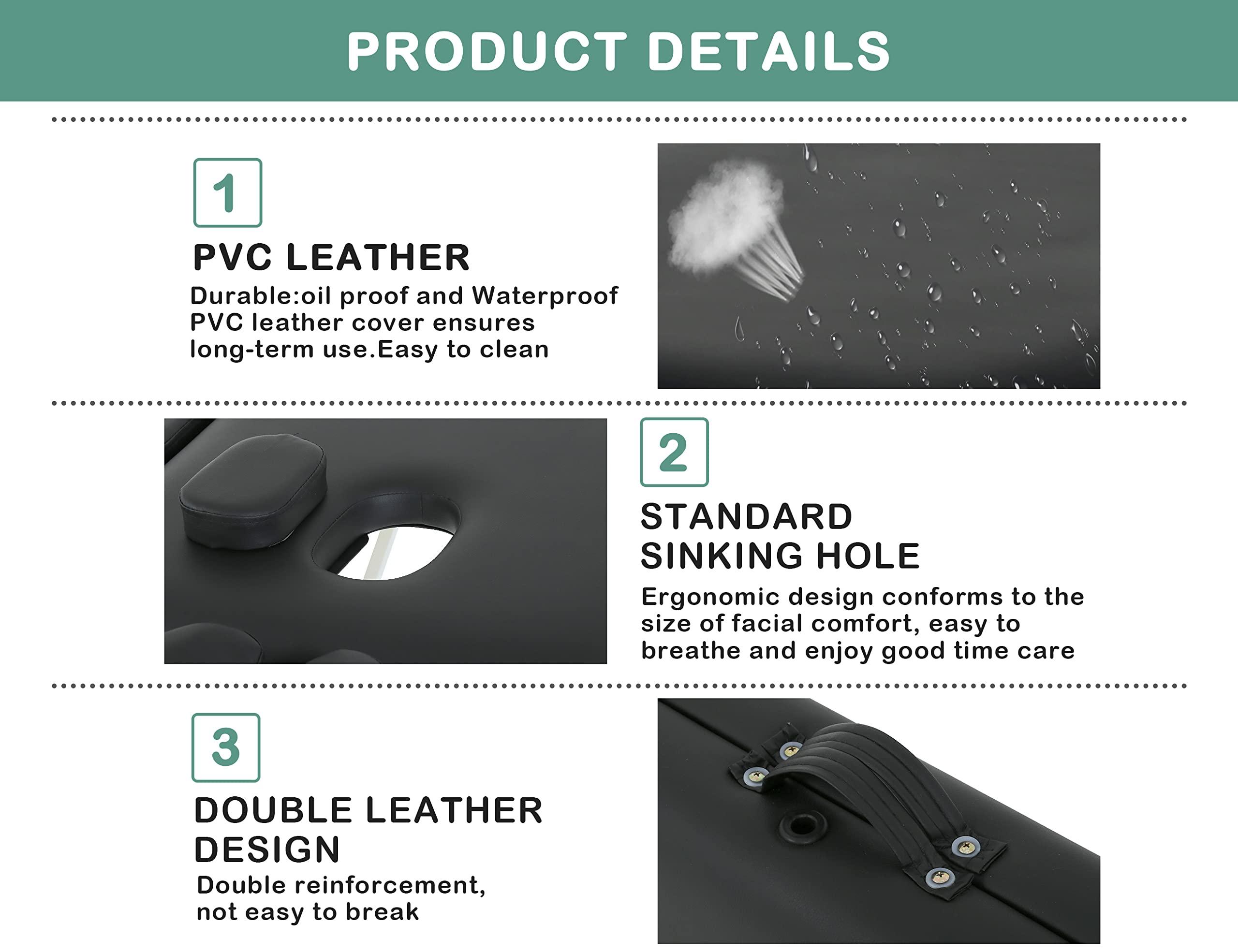 MKDLUFEI Massage Table, 2 Fold Lash Bed, Massage Bed Portable for Eyelash Extensions, Wide Massage Table with Carrying Bag, Massage Tables with Face Cradle & Handle, Portable Chiropractic Table - Black