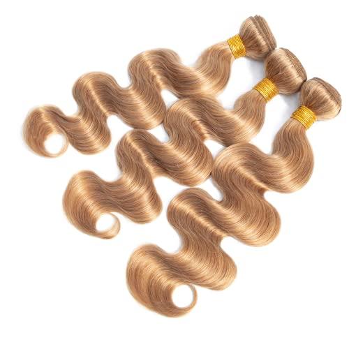 YOUNGHANN Blonde Bundles Human Hair #27 Bundles Blonde Body Wave Bundles Human Hair 14 16 18 Inch Double Weft Weave Extensions Hair Honey Blonde 3 Bundles 300g For Women