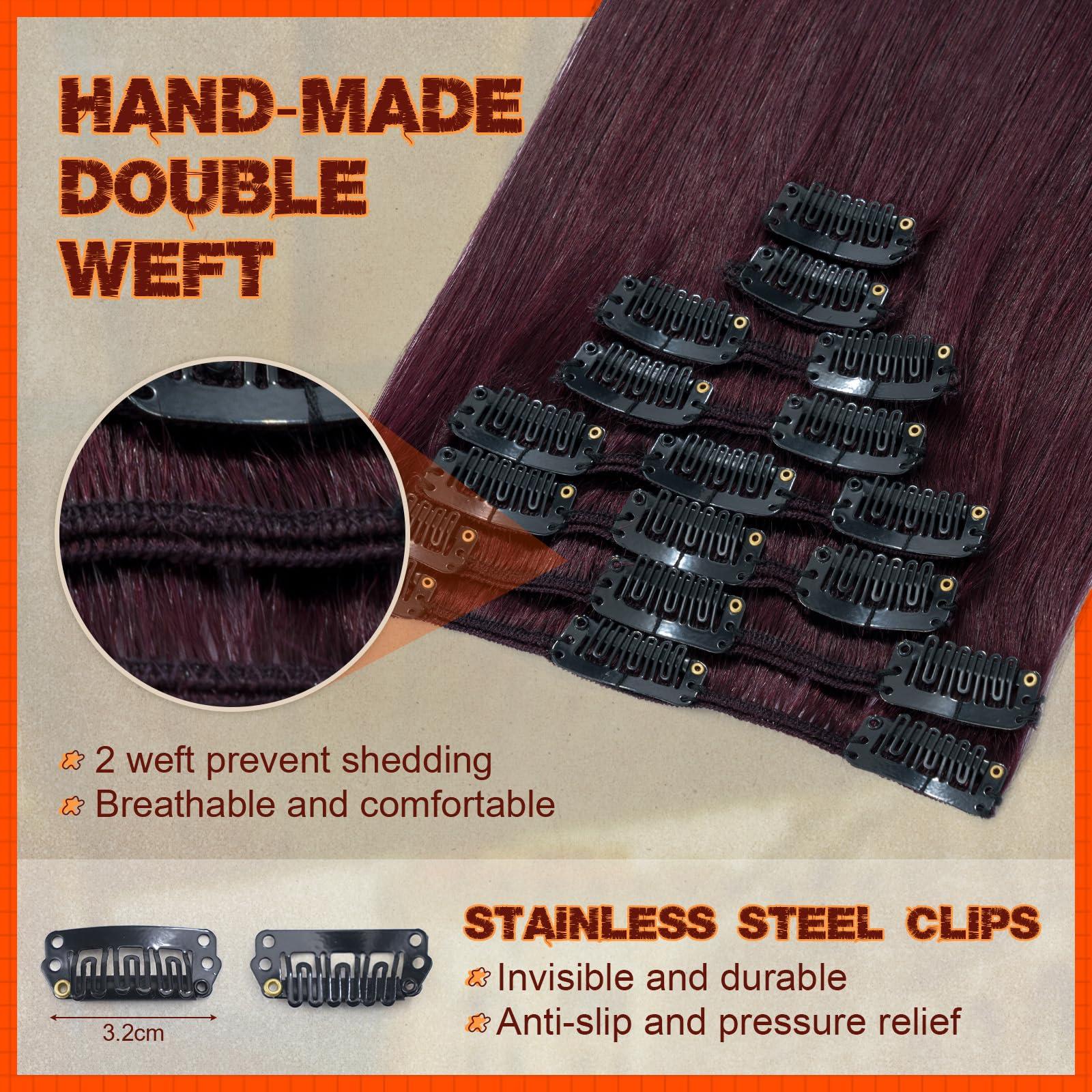 Benehair Real Hair Extensions Clip in Human Hair Wine Red 24inch 8pcs 18 Clips Human Hair Clip in Extensions for Women No Tape No Glue Clip ins #99J