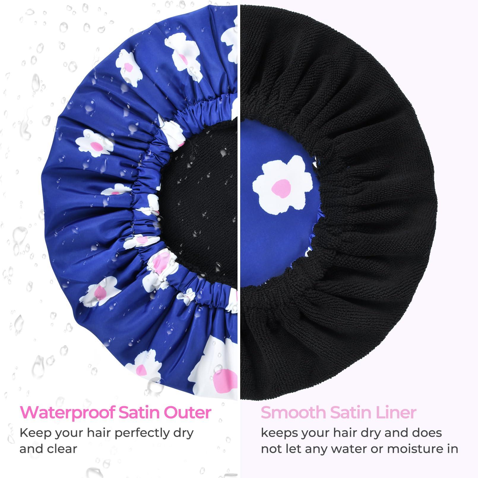 Aileam Shower Cap for Women Terry Lined Bath Cap Large Reusable Waterproof Elastic Band Blue Shower Caps for Long Thick Hair Soft Bath Shower Hair Caps