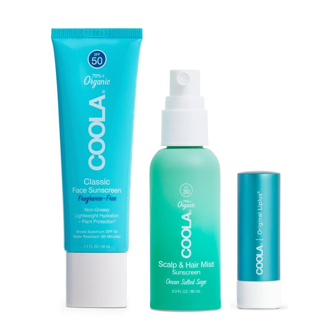 Coola COOLA Organic Face Sunscreen Beach Bundle Set, Dermatologist Tested Skin Care for Daily Protection, Vegan and Gluten Free, SPF 50 Face Lotion + SPF 30 Scalp Spray + SPF 30 Lip Balm, 3 Count Bundle