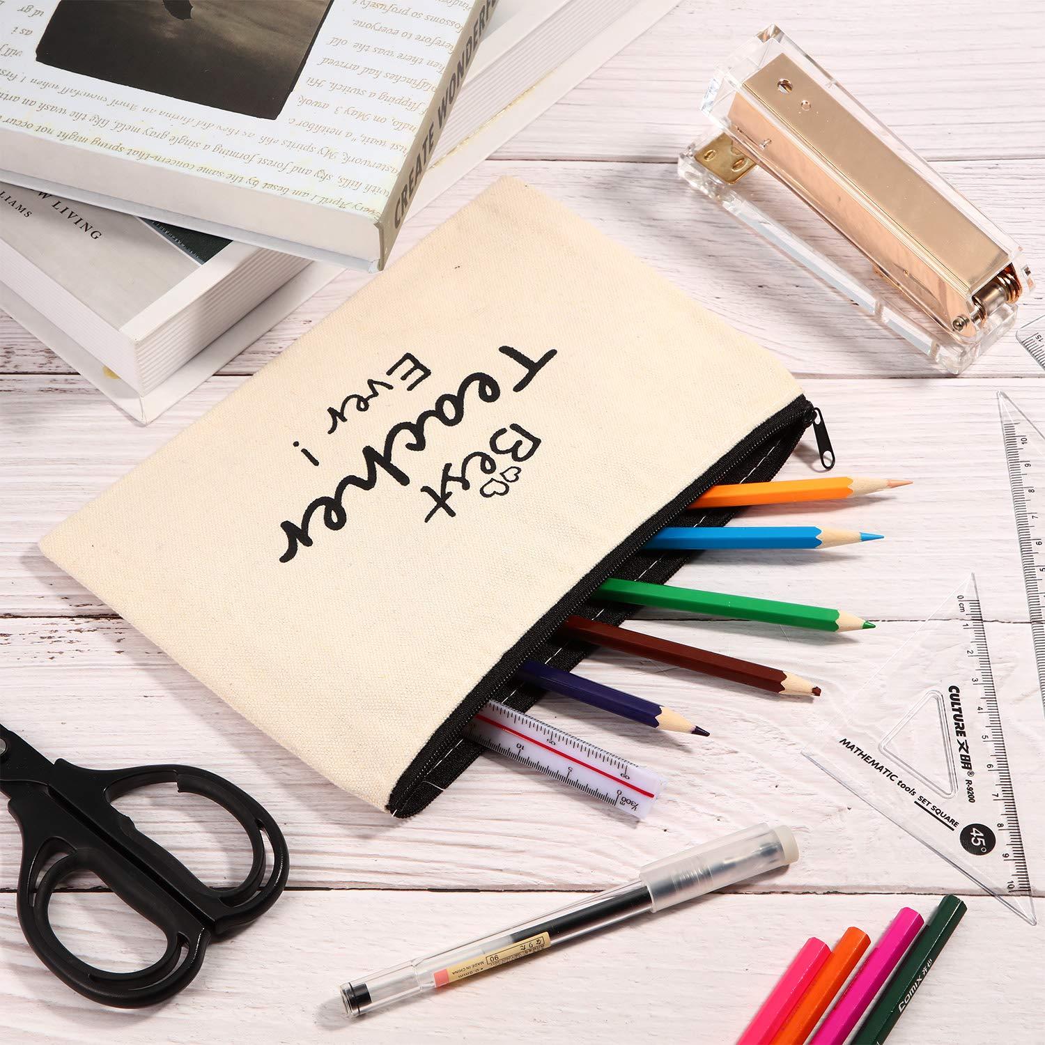 Frienda Frienda 12 Pieces Teacher Makeup Pouch Canvas Cosmestic Bag with Zipper Cosmetic Purse Travel Toiletry Case for Teacher Appreciation Gift (Heart Pattern)