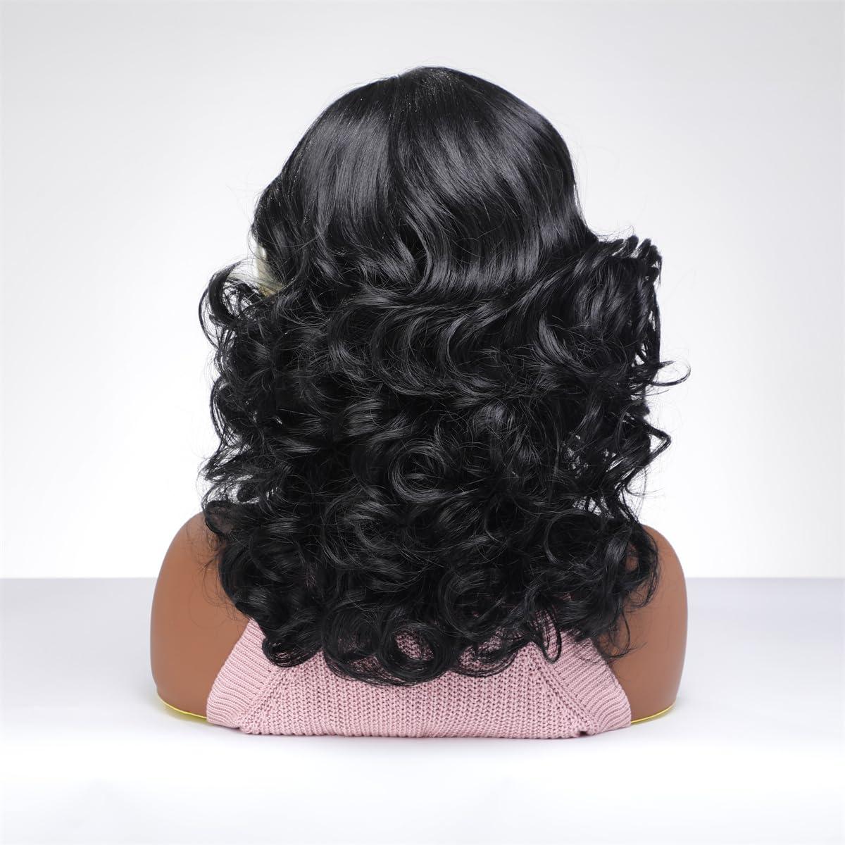 INSGOGO INSGOGO Short Wigs for Black Women Heat Resistant bob Curly Black Wig Pre Plucked Natural Like Synthetic Fiber Wigs for Daily and party Use and Cosplay(black$white)