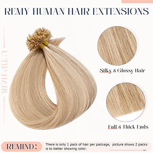 Hairro Hairro U Tip Hair Extensions Pre Bonded Fusion Hair Utip 100% Human Hair Glue Stick U-tip Remy Tipped Hairpiece Nail Tipped Hair Extension 100 Strands 50g 18" #18P613 Ash Blonde Mix Bleach Blonde