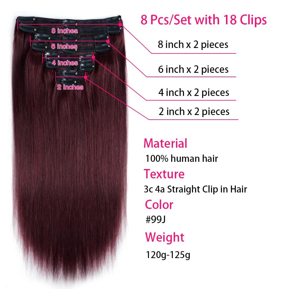 Nvnvdij Burgundy Red Hair Extensions Clip in Human Hair Double Weft Clip in Hair Extensions Red Wine Clip in Extensions Human Hair Full Head #99J (22 Inch #99J)