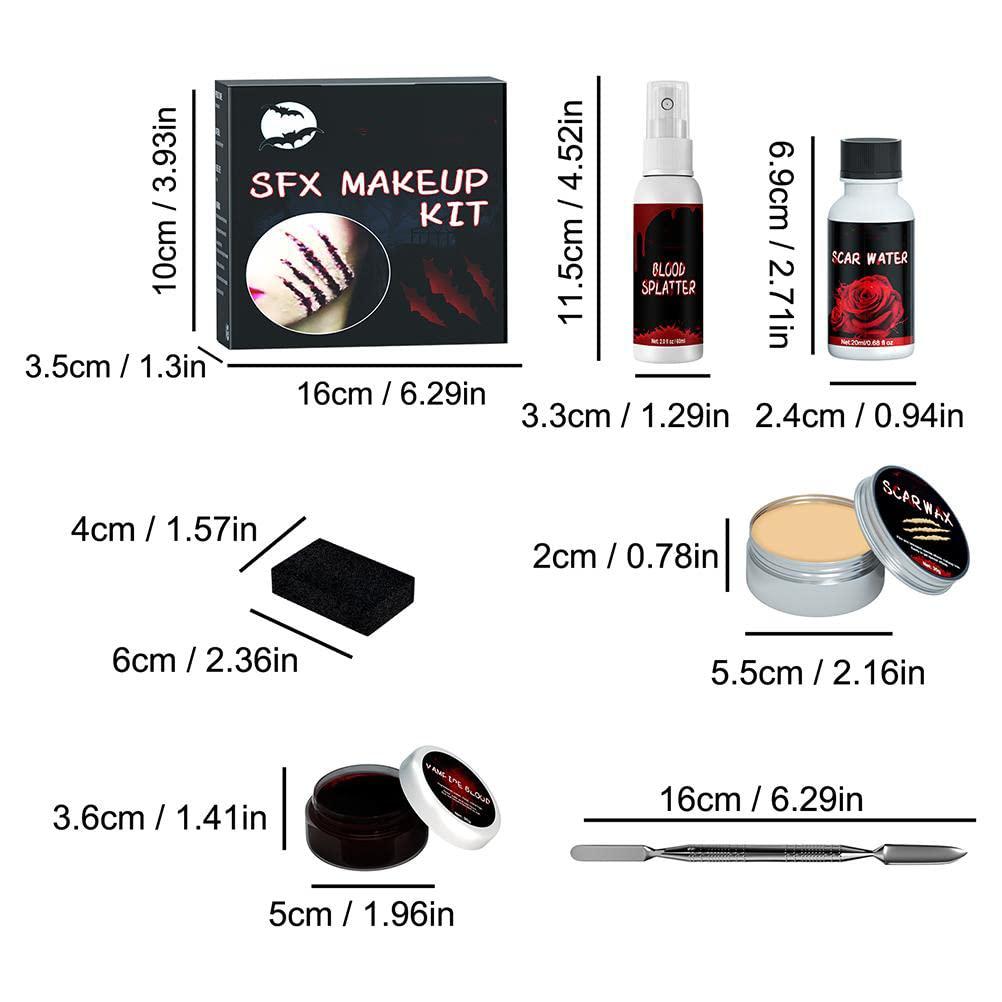 ICRPSTU Halloween Special Effects SFX Makeup Kit for Zombie Vampire Skin Wax Fake Blood Gel Scar Water Fake Blood Spray Sponge Silver Scraper for Halloween Cosplay (Set 1: Halloween