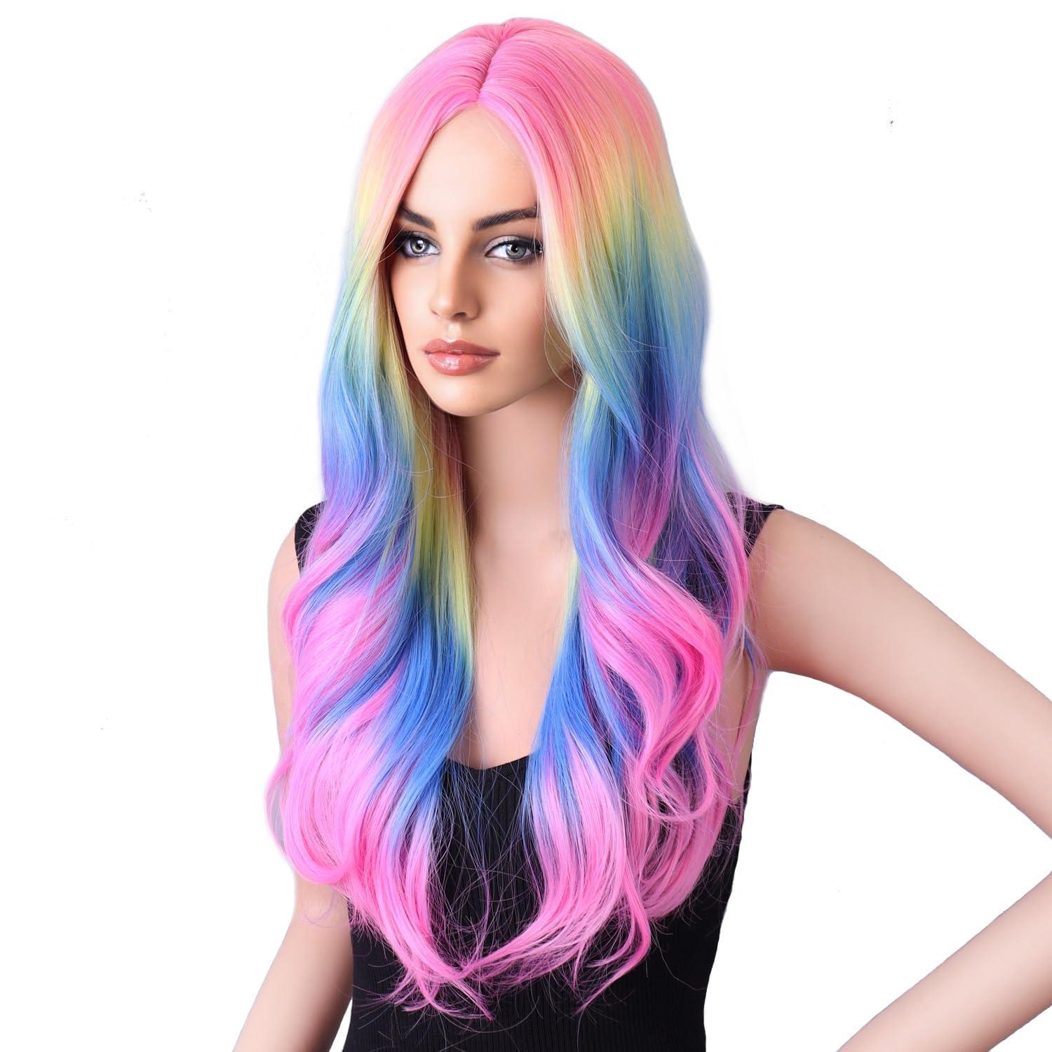 BERON BERON Rainbow Wig Long Wave Wig Colorful Wigs Long Wigs Multi Color Wigs for Women Synthetic Wig for Daily Party Wig Cap Include
