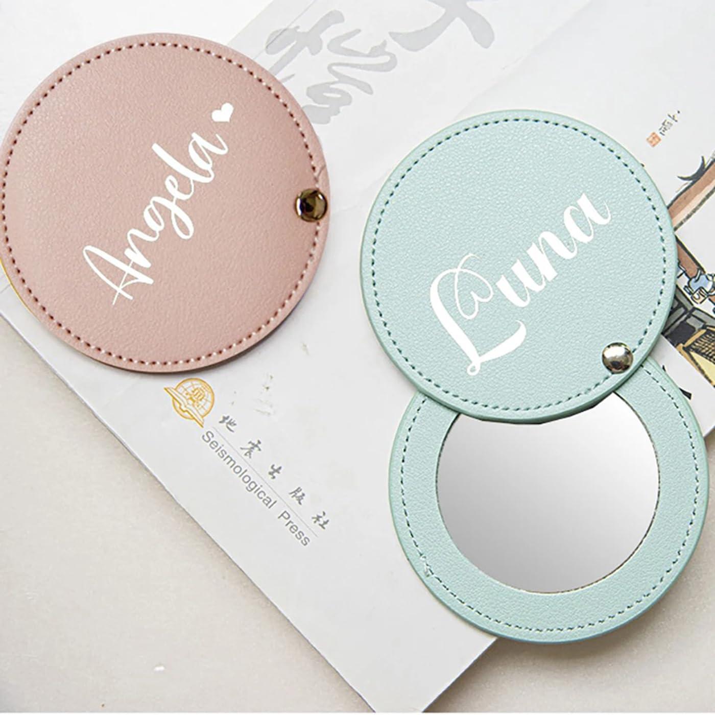KRUIJHEU Personalized Leather Pocket Mirror Mini Travel Handheld Portable Makeup Mirrors Wedding Bridesmaid Gift for Her Name Engraved (20Pcs)