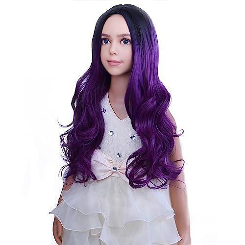 PATTNIUM PATTNIUM Dark Purple Wig Kids Child Wig Long Curly Wavy Wig Ombre Purple Wig Middle Part Girls Wig Black to Purple Wigs Heat Resistant Synthetic Hair Wig with Wig Cap