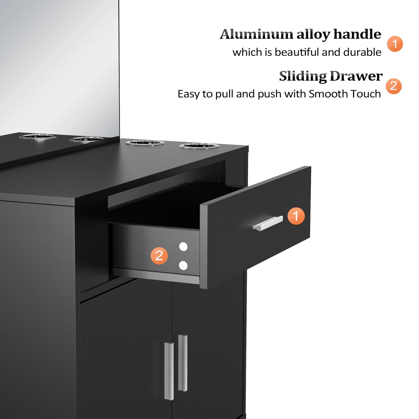 OmySalon OmySalon Wall Mount Salon Station with Mirror, Hair Styling Barber Station, Beauty Salon Spa Equipment with 1 Drawer, 1 Storage Cabinet, 2 Hair Dryer Holders, Black