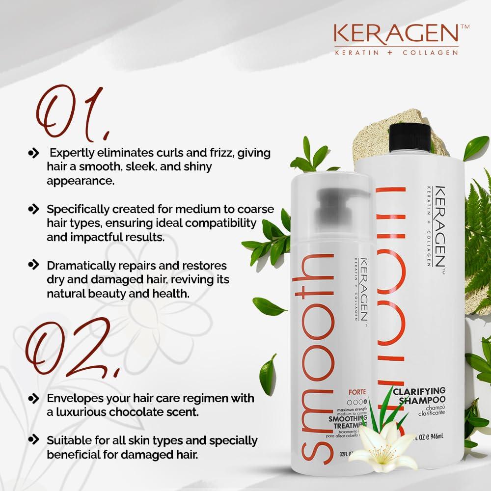 KERAGEN KERAGEN Hair Duo: Brazilian Keratin Smoothing Treatment (32 Oz) + Clarifying Shampoo (32 oz) - Forte Formula for Dry, Damaged Hair, Sulfate-Free, Eliminates Curls, Frizz