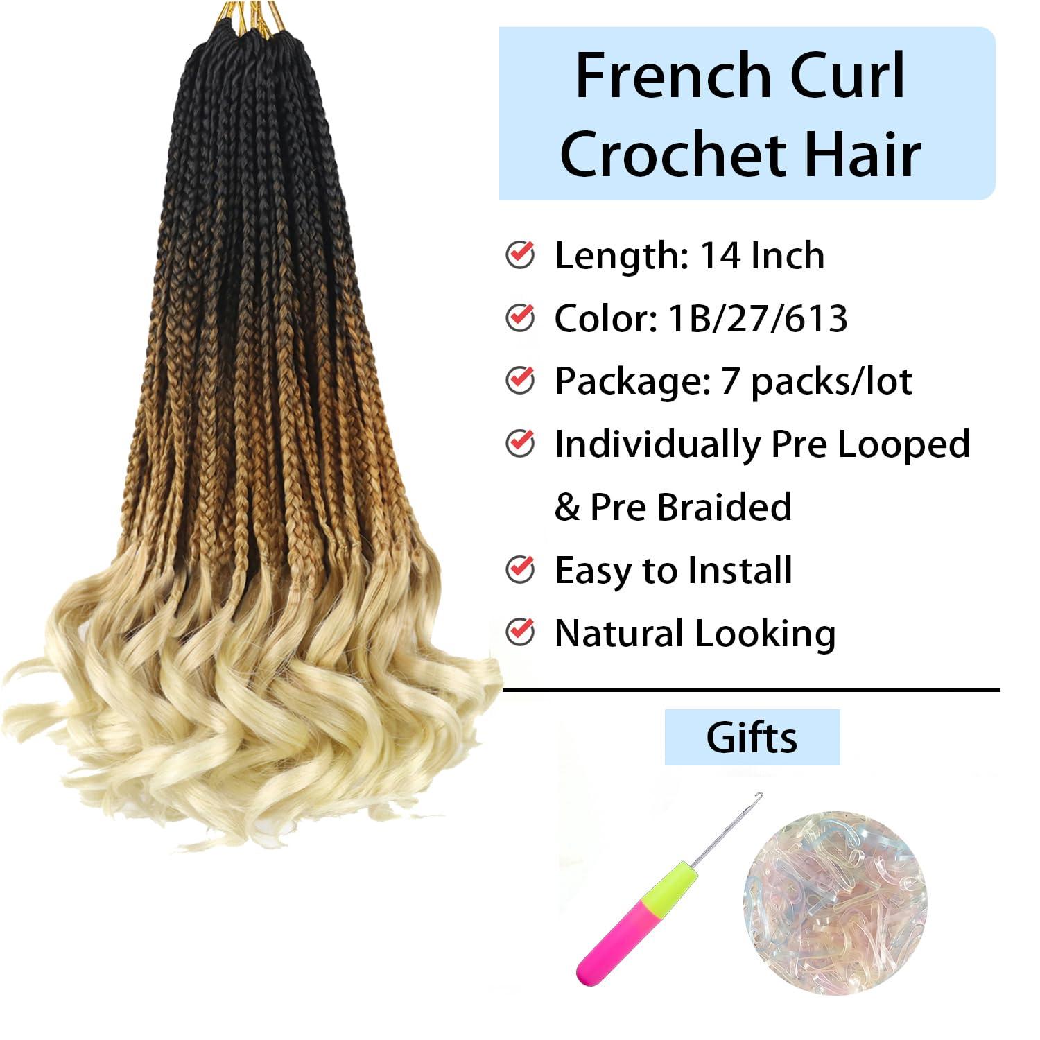 kaluli Crochet Hair for Women French Curl Braiding Hair 14 Inch Goddess Box Braids Crochet Hair Crochet Braids with Curly Ends Pre Looped Curly Crochet Hair Spiral Curls Hair Extensions(7 Packs,1B/27/613)