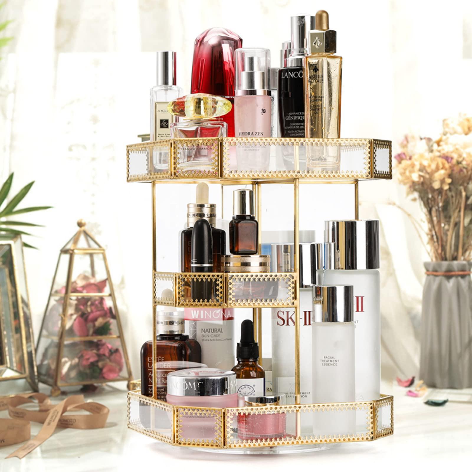 ZOOFOX ZOOFOX 360 Degree Rotating Glass Makeup Organizer, Large Cosmetics Storage Display Holder with Gold Trim for Vanity, Clear Makeup Carousel for Perfume, Cosmetics, Brushes, Lotion, Lipsticks