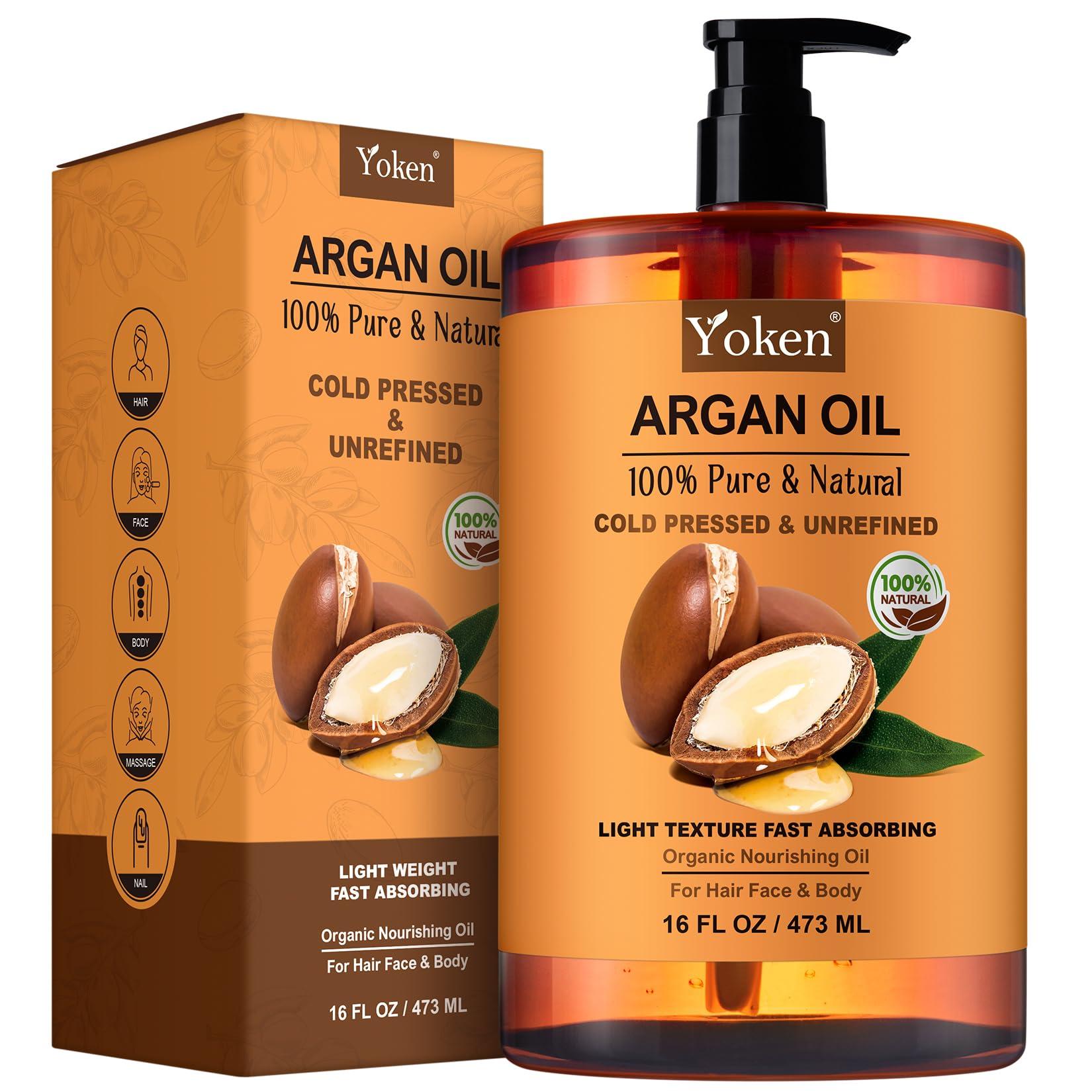 Yoken Yoken Argan Oil for Hair, 16 Fl Oz Pure and Natural Morocco Argan Oil, Argon Oil For Hair, Scalp, Face & Skin Care, 100% Cold Pressed Hair Conditioner, Unrefined Argon Nails Carrier Oil
