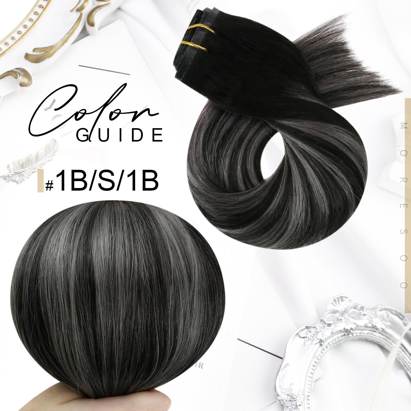 Moresoo Moresoo Seamless Clip in Hair Extensions Human Hair Balayage Black Silver Human Hair Clip in Extensions Ombre Silver 2packs 14inch with 16inch