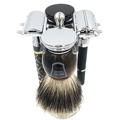 Taconic Shave Deluxe Stainless Steel 4 Prong Safety Razor and Shave Brush Shave Stand - Holds 2 Double Edge Safety Razors and 2 Shave Brushes