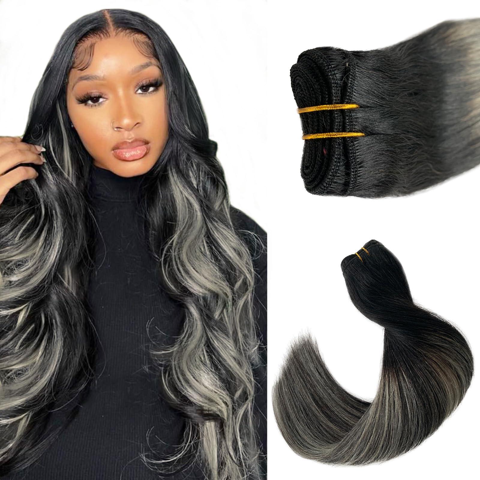 Licoville Silver Ombre Sew in Hair Extensions Human Hair Black and Gray Weft Hair Extensions Real Human Hair Sew in Balayage Black to Gray Highlights Hair Bundles 20 Inch 100grams
