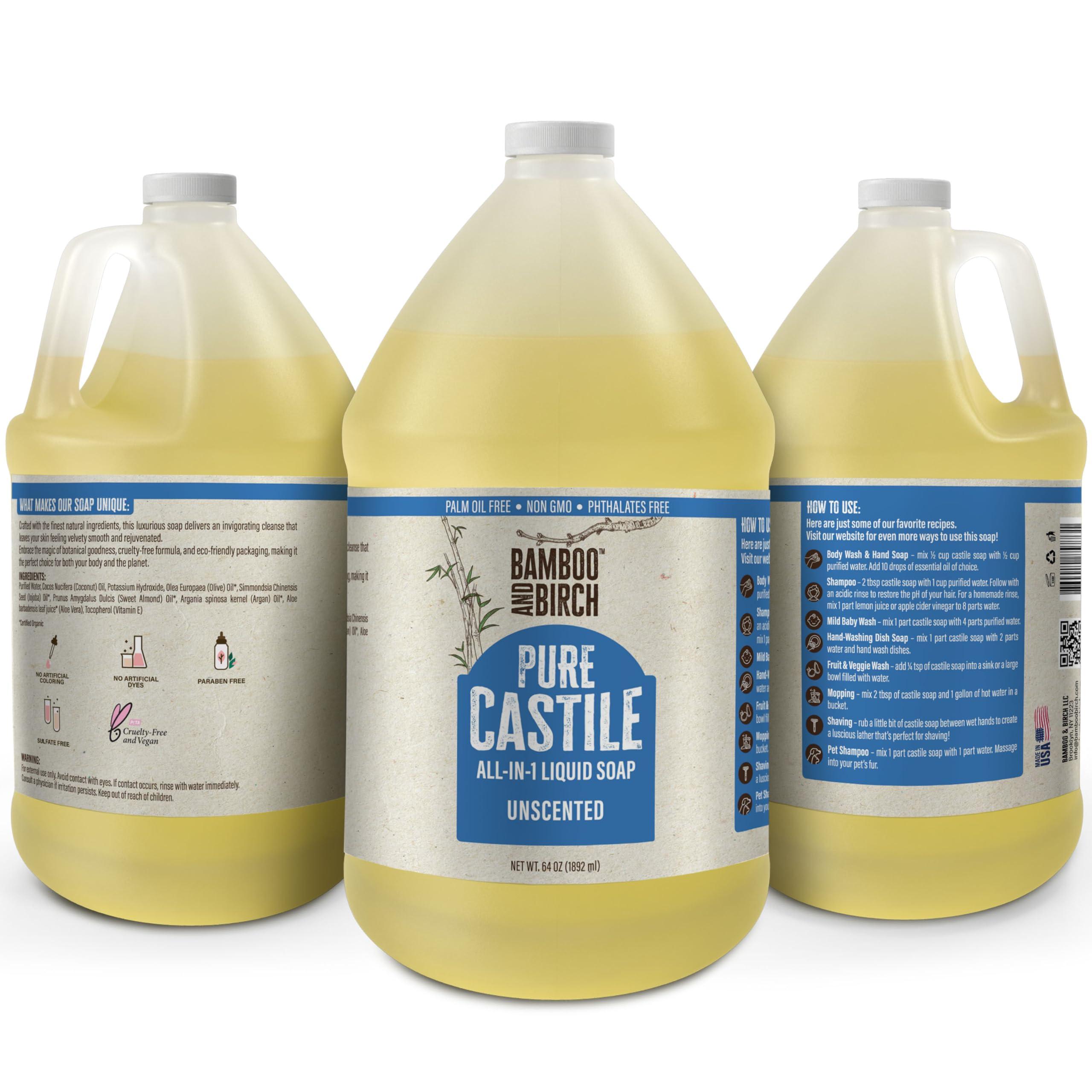 BAMBOO AND BIRCH BAMBOO AND BIRCH Pure Castile Soap Liquid Organic, Certified Palm Oil Free Natural Soap, Unscented, 1 Gallon