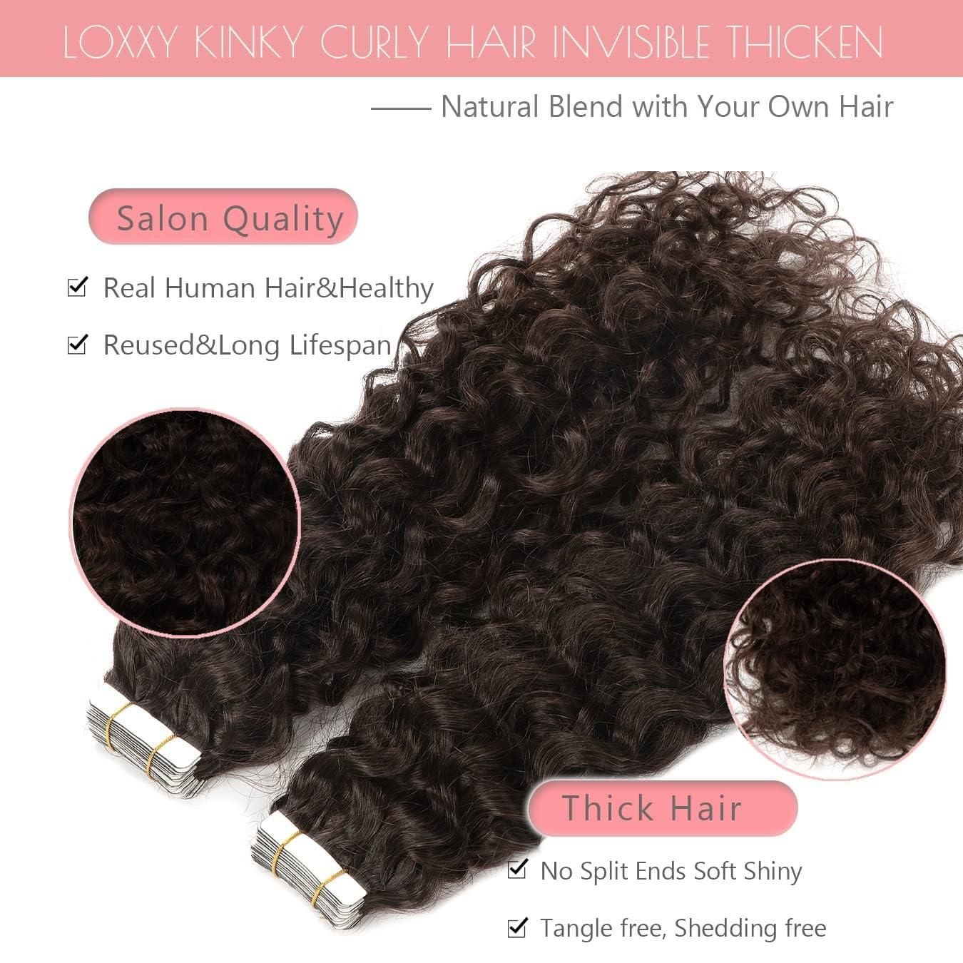 Loxxy 12inch Curly Hair Tape in Hair Extensions Dark Brown Natural Black Tape in Curly Human Hair Extensions for Women Double Sided Curly Tape Extensions #2 16pcs 40grams