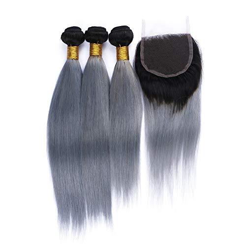 Tony beauty hair Tony Beauty Hair 8A Ombre Silver Grey Silky Straight With Closure 3 Bundles 100% Brazilian Virgin Human Hair #1B/Grey Dark Root Ombre And Freestyle Lace Closure(20" 20" 22" With 18")