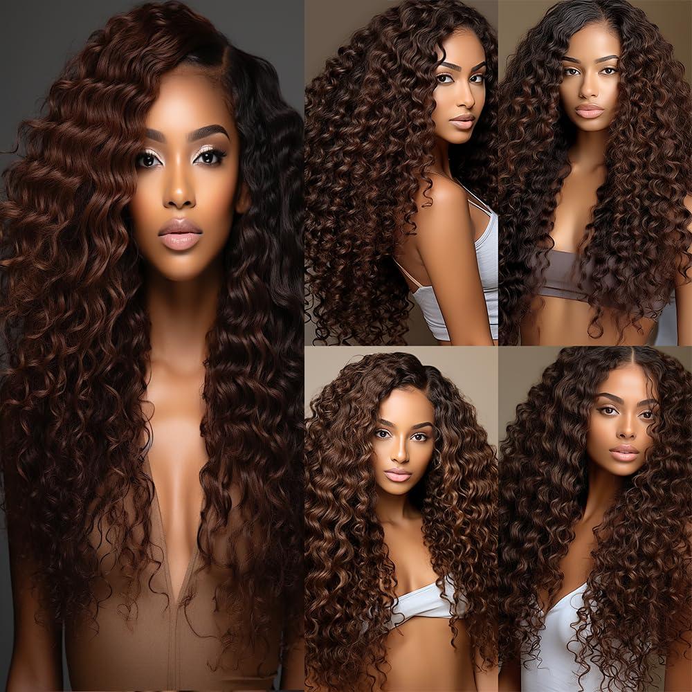 MAMART Color 4 Brown Water Curly Bundles Human Hair Dark Brown Bundles Light Brown Water Wave Human Hair Bundles Brazilian Human Hair Wet and Wavy Silky Soft for Black Women 16 18 20 Inch
