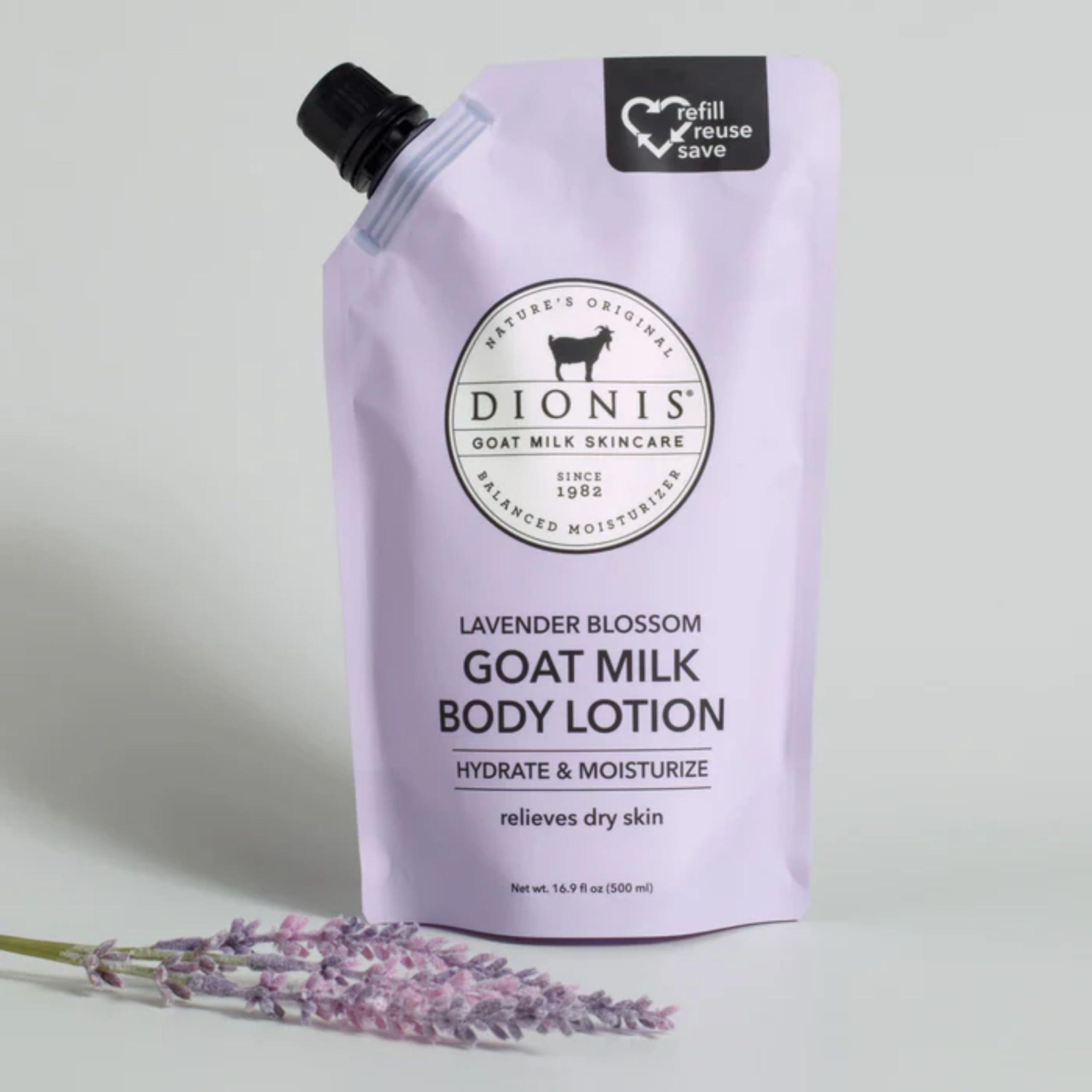 Dionis Dionis Goat Milk Skincare Body Lotion 16.9oz Refill Pouch, Cruelty Free Clean Ingredients & Dermatologist Tested Lotion for Dry Skin, Hydrating & Deeply Moisturizing Rich in Vitamins, Lavender Blossom