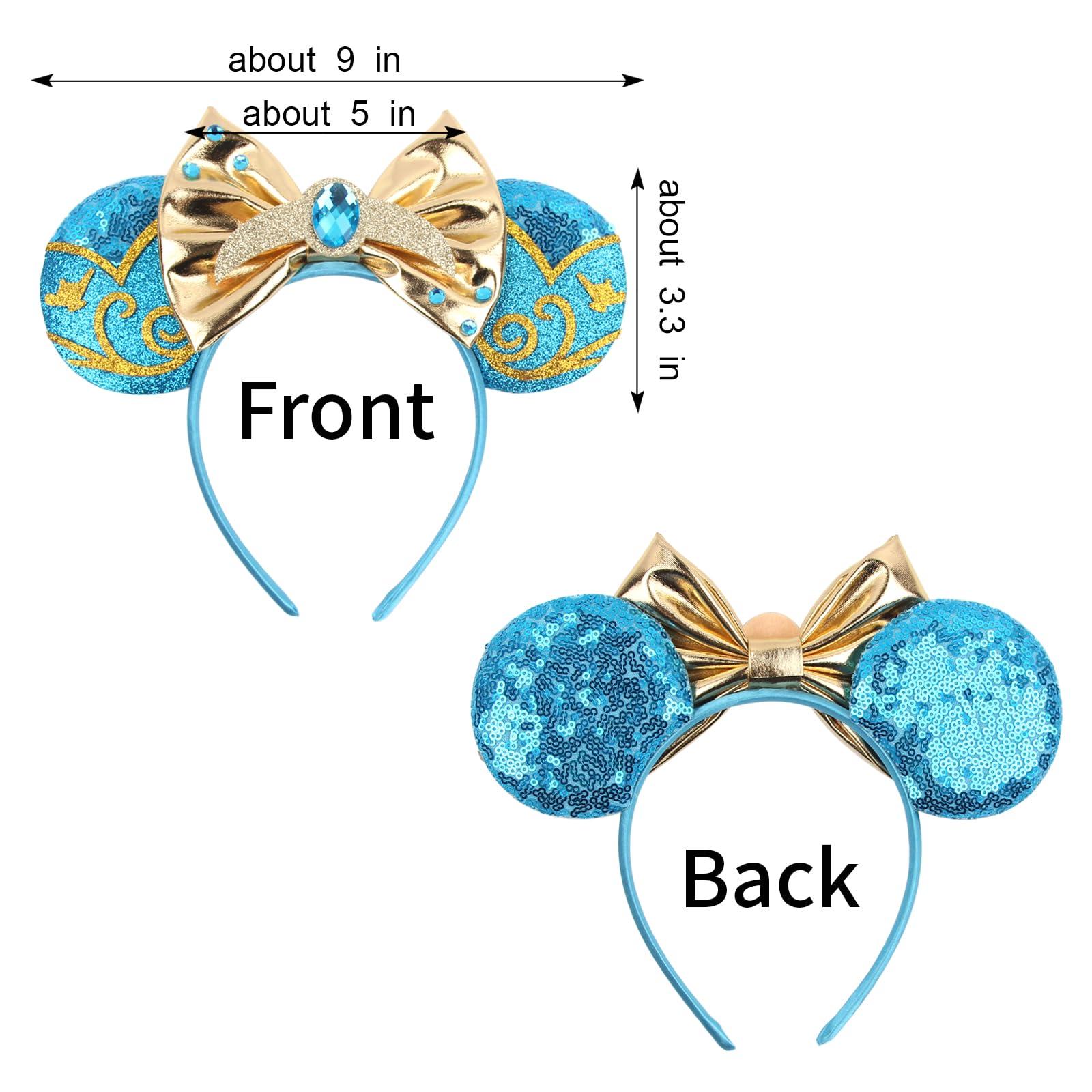 Huavista Huavista Mouse Ears for Women, Sequin Headband with Shiny Bow, Hair Accessories for Women Adult Princess Birthday Party (Gold/Blue)