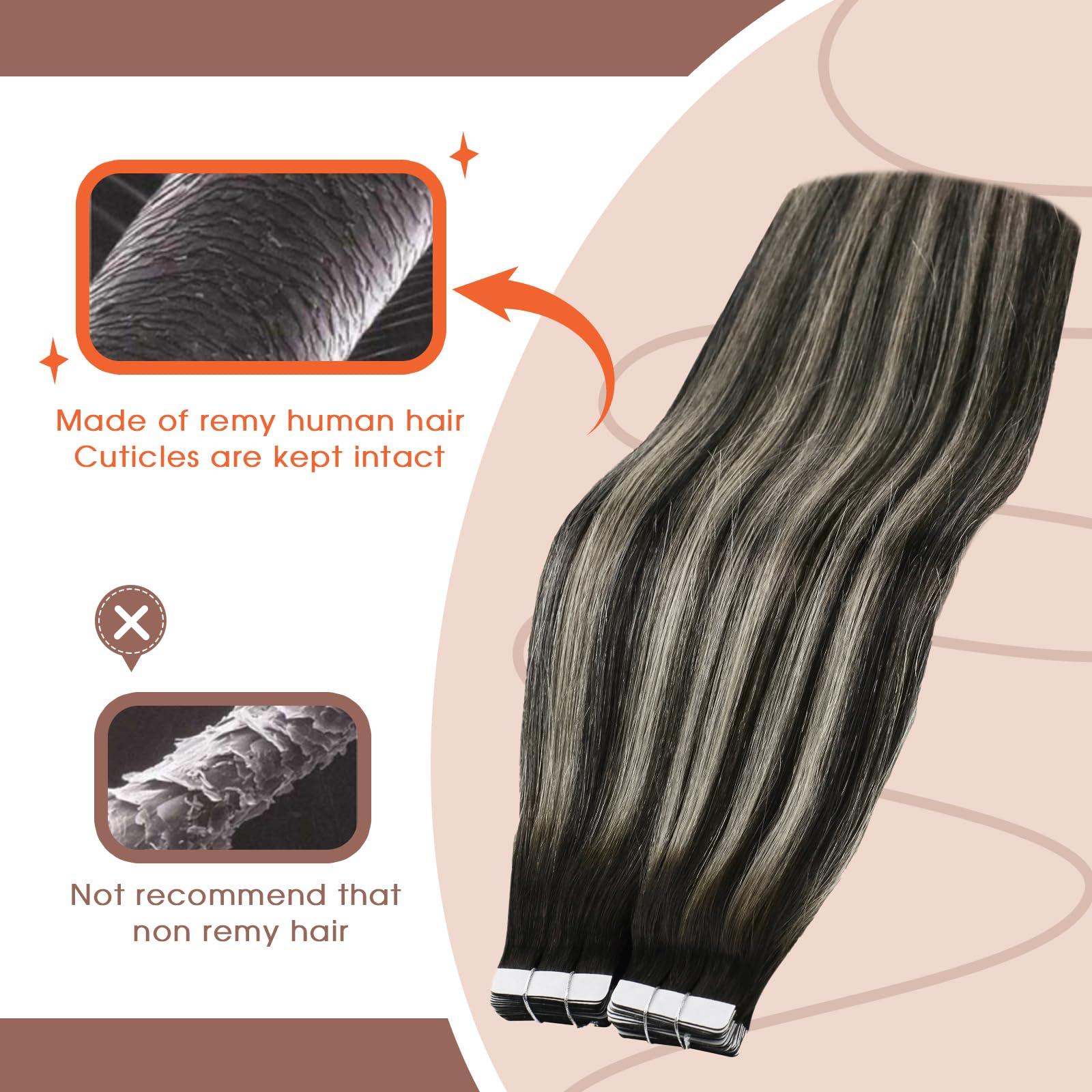 Sunny Hair Sunny Hair Extensions Real Human Hair Tape in Black Ombre Tape in Hair Extensions Human Hair Black Roots to Silver Grey Balayage Tape in Extensions Straight Hair Extension Black Ombre 20pcs 50g 20inch