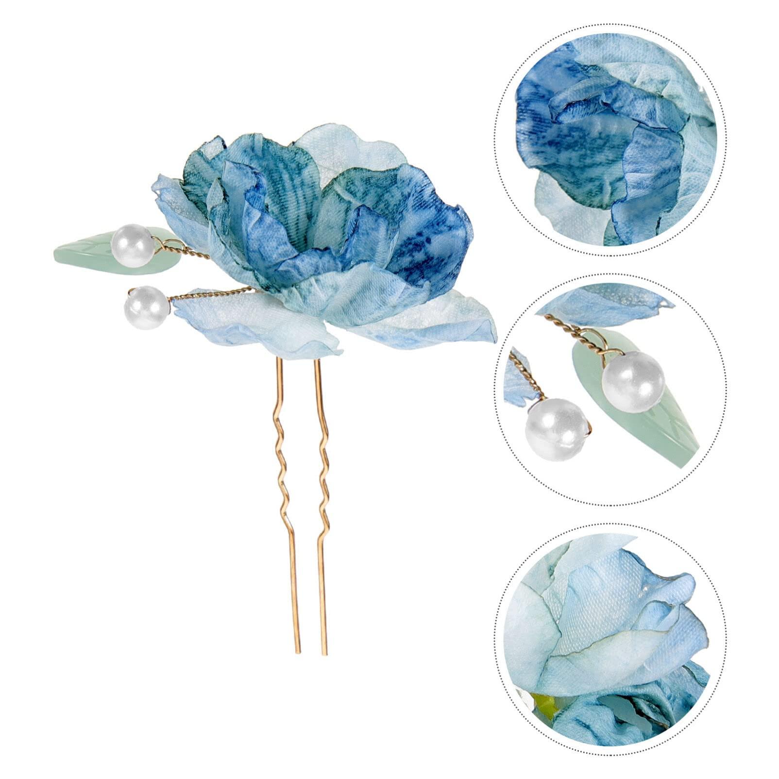USHOBE 2pcs Piece Blue Flower Hair Fork Pearl Headpiece Blue Hair Pins Hair Pearls Floral Hair Pins Wedding Hair Accessories for Brides Wedding Hair Clip Floral Hair Accessories
